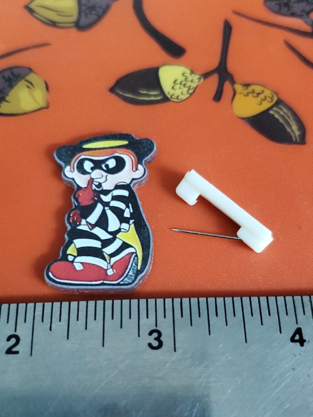 Hamburger Burglar Acrylic Pin- Black, Red, Yellow - Picture 2 of 3